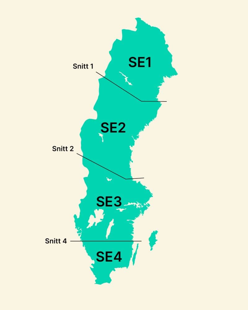 Karta över Sveriges fyra elområden SE1, SE2, SE3 och SE4